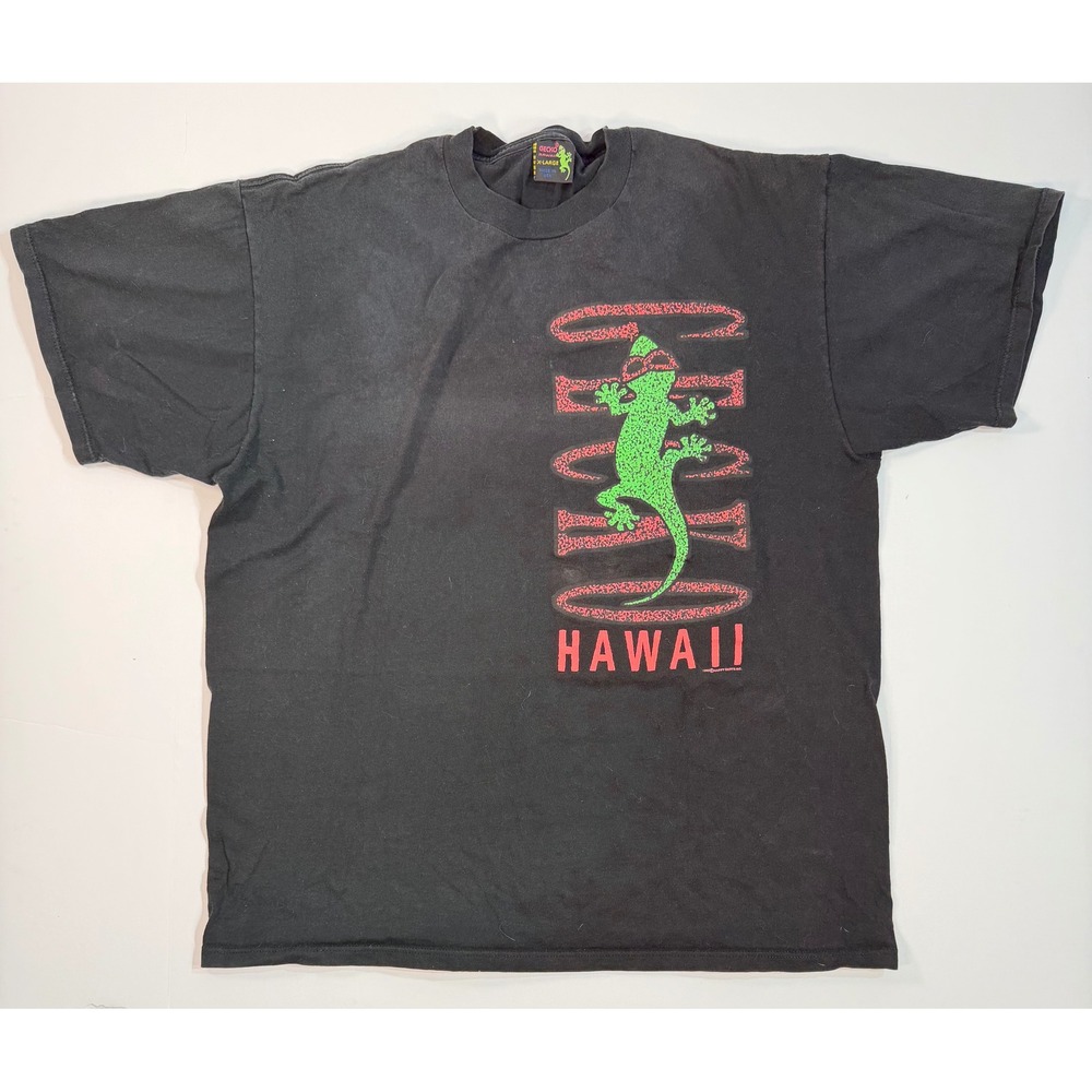 Vintage 1992 Gecko Hawaii T Shirt Mens XL Black Neon Green Made in USA 90s Surf